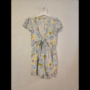 American Eagle White, Yellow, and Blue Short Sleeve Mini Dress with Tie S
